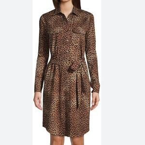 Land’s End Dress Stretch long sleeve button down animal print belt tan black Med